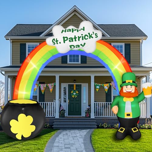 8 FT St Patricks Day Inflatables Outdoor Decorations Rainbow Arch Leprechaun & Lucky Shamrocks Coin Pot St. Patrick's Blow Up Yard Decorations Irish Built-in LED Light Garden Lawn Patio Party