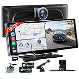 TECXERLLON 10.26'' Wireless Carplay Screen for Car with 4K Dash Cam & 1080P Backup Camera, Portable Car Audio Receivers with Carplay & Android Auto, GPS Navigation, Airplay, Mirror Link