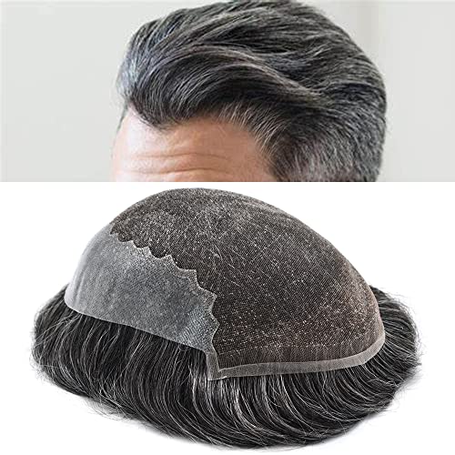 Toupee for Men Hair Replacement Systems Swiss Lace Front Mens Toupee Natural Human Hair Piece 1B50# Off Black with 50% Synthetic Grey, 6x8"-100% Light Med-Light Density