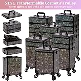 AROUS Rolling Makeup Train Case Large Storage Cosmetic Trolley 5 in 1 Large Capacity Trolley Makeup Travel Case with Key Swivel Wheels Salon Barber Case Traveling Cart Trunk, Black (Black)