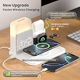 Alarm Clock with Wireless Charger for Bedrooms, 7 in 1 Wireless Charging Station, Mag-Safe Charger with Night Light Bedside Clock for iPhone 16 15 14 13 12 Pro Max, Apple Watch, AirPods