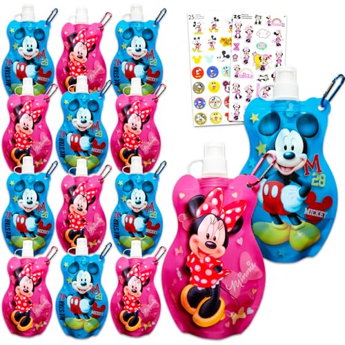 Mickey and Minnie 15.55 Oz Reusable Water Pouches - 12 Piece Bundle with 15.55 Oz Water Bottles with Pull Top Lid Plus Stickers for Boys, Girls | Bulk Mickey and Minnie Mouse Party Favor Drink Pouches