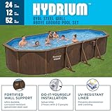 Bestway Hydrium 24' x 12' x 52" Oval Above Ground Swimming Pool Set Outdooor Steel Wall Family Pool with Sand Filter, Ladder, & Cover, Brown Woodgrain