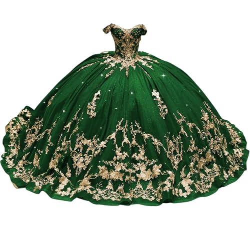 Mouccy Lovely Puffy Sweetheart 15 16 Dresses with Bow Pearly Quinceanera Dresses Emerald Green Ball Gown Beaded Lace XV Dresses for Quinceanera Petite 4