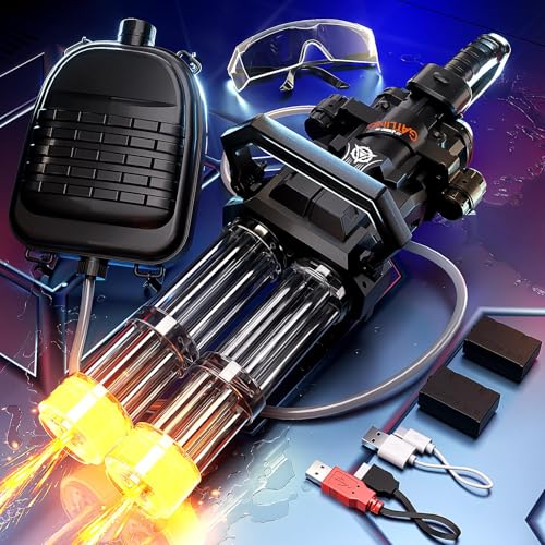 Uregoio Gatling Electric Water Gun for Adults, New Double Barrel Squirt Gun with Rotating and LED Light, Long Range Automatic Water Guns with Backpack, Two Batteries, Outdoor Toys for Kids Ages 8-12