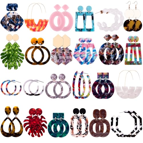 Duufin 24 Pairs Mottled Acrylic Earrings Resin Drop Dangle Earring Hoop Statement Earrings Polygonal Bohemian Fashion Jewelry Earrings for Women