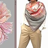 Designer Square Silk Scarf for Women Hand Painted and Printed Grey Shawl with Pink Rose Unique by EdGalArt