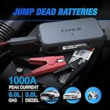 Type S 1000A Car Battery Jump Starter Power Bank Portable, 12V 6.0L Gas 3.0L Diesel, LCD Display, Battery Jump Box, 8000mAh, Qi Wireless Charging, LED Flashlight, USB-C USB-A, UL Listed - Black