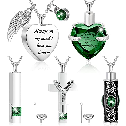 Fumete 5 Pcs Ashes Urn Necklace Keepsake Cremation Heart Cross Cubic Jewelry for Ashes Stainless Steel Memorial Locket Urn Keepsake Necklace for Women Men Loved Ones, 5 Styles(Green)