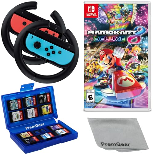 Mario Kart 8 Deluxe for Nintendo Switch, with PremGear Racing Steering Wheel Controllers, Driving Grips for Joy-Con (2 pack), 24 Slot Game Card Holder & Cleaning Cloth