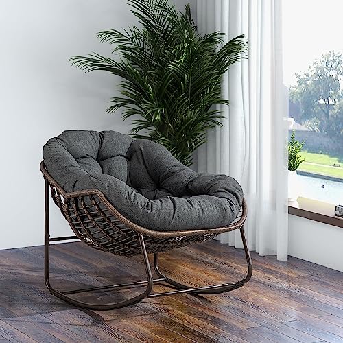Ball & Cast Outdoor Patio Rocking Chair,Oversized Papasan Egg Chair with E-Coated,Padded Cushion,Recliner Chair for Indoor, Front Porch, Garden, Patio, Backyard,Grey