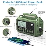 Emergency Radio 12000mAh Auto NOAA Weather Alert Radio -Portable Solar Hand Crank Battery Operated Radio, AM/FM Shortwave Radio with Type-c Charger,Flashlight, SOS for Home Outdoor hurricane Survival