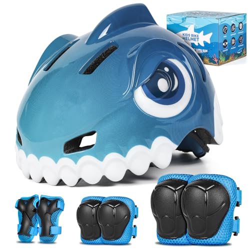 FUNWICT Bike Helmet for Kids 3-5-8 Toddler Bike Helmets Animal 3D Cartoon Boys Girls Safety Adjustable Kids Helmet and Pads Set for Cycling Scooter Skateboard (Blue Set, S: 19.69-21.26 inches)
