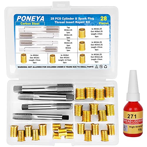 Spark Plug Thread Repair Kit, 28 PCS 4 Sizes High Speed Steel Tap and 5 Sizes Insert, All in One Repair Tools Set with Storage Case for The Most Trucks Cars Engines Broken Cylinders Repair
