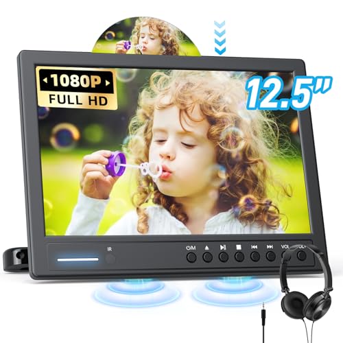 Arafuna 12.5" Car DVD Player with Headphone, Portable DVD Player with Headrest Mount, Suction-Type Disc in, Headrest DVD Player Support 1080P Video, HDMI Input, AV in/Out, USB/SD Card Reader