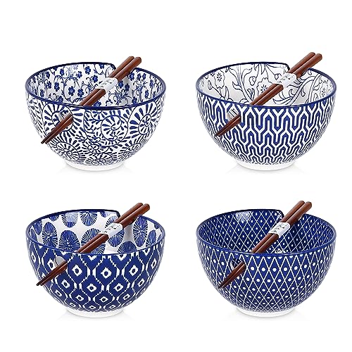 Selamica Ceramic Ramen Bowls Set, 15 OZ Noodle Bowls for Kitchen with Chopsticks, Deep Soup Bowls for Japanese Ramen Udon Soba, Microwave Dishwasher Safe, Set of 4, Vintage Blue