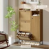 IDEALHOUSE Rattan Shoe Cabinet, 3 Tier Shoe Cabinet with Flip Drawers, Free Standing Narrow Shoe Storage Organizer with Adjustable Shelves, Shoe Rack Cabinet for Entryway, Fence On Top, Natural