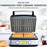 GreenPan Elite 4-Square Belgian & Classic Waffle Iron, Healthy Ceramic Nonstick Aluminum Dishwasher Safe Plates, Adjustable Shade/Crunch Control, Wont Overflow, Easy Cleanup Breakfast, PFAS-Free,White