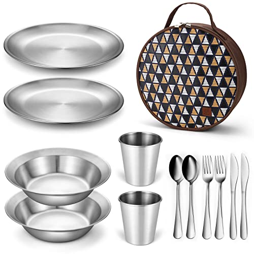 Odoland Camping Messware Kit, Stainless Steel Camping dinnerware, Camping Cooking Tableware, Camping Cutlery Organizer Utensil with Plates and Bowls Set for Backpacking, Hiking, Picnic.