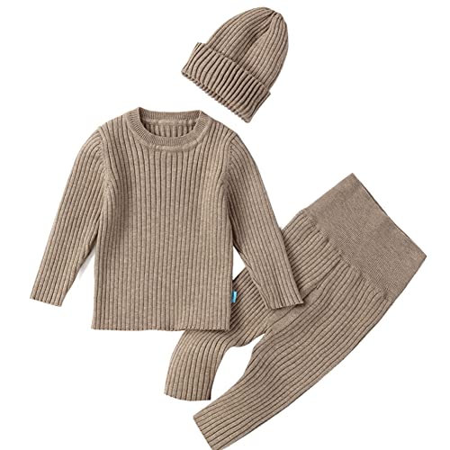 Teach Leanbh Baby Boys Girls Sweater Set Ribbed Elastic Knit Clothes Outfit Set Solid Tops High Waist Pants Hat Flecking gray/6 Months