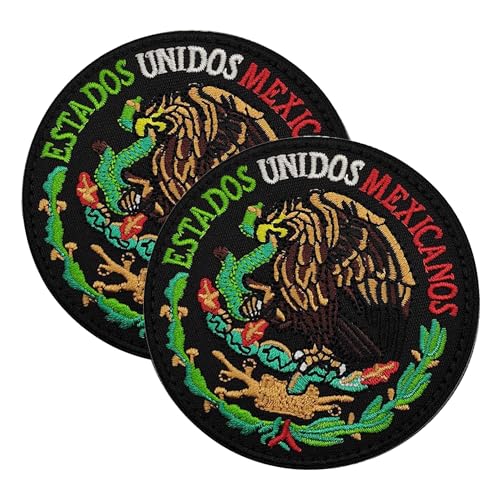2 PCS AliPlus Mexican Emblem Patch Embroidered Tactical Military Morale Patch Applique Fastener Hook and Loop(Black)