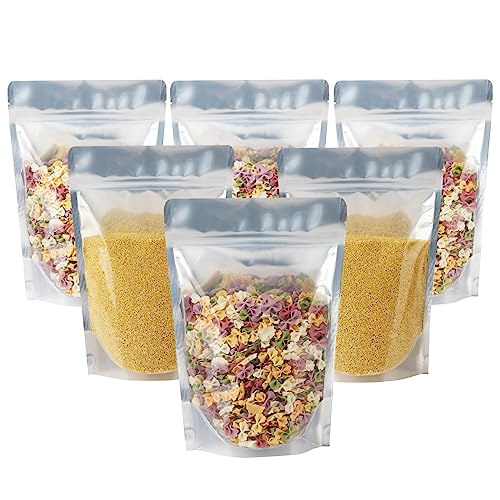 Belinlen 100 Pack 7 x 10 Inch Stand Up Pouch Bags Zipper Mylar Bags Clear Front with Aluminum Foil Back Reusable Food Storage Bags for Multipurpose with Gusset Bottom(5.5mil Thickness)
