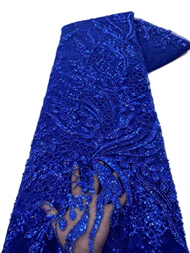 Tngan Botanical Flower Sequin French Lace Fabric Bead Heavy Craft Tulle Net Fabric for Trailing Dress, 5 Yards, Royal Blue
