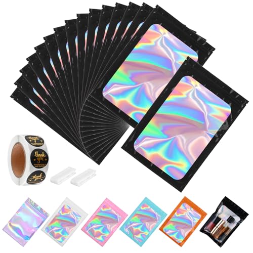150-pack Holographic Mylar Bags with Clear Window 7" x 10" 1 Quart Resealable Foil Pouches for Food Storage Large Smell Proof Edible Packaging Zip Bag for Cookies, Jewelry and Small Business