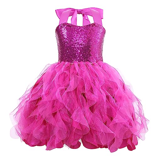 Hot Pink Tutu Dress for Girls Sparkly Sequin Tulle Princess Birthday Party Dresses for Little Girls Kids Fairy Sneaker Ball Gown Prom Dance Graduation Outfit 5-6T