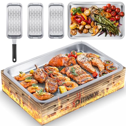 Grill Basket Set, 3pcs Stainless Steel Grill Topper Pans for Outdoor Grill with BBQ Prep Tray, Grilling Baskets Barbecue Accessories for Vegetables, Fish, Meat, and Seafood - Gifts for Men Dad Husband