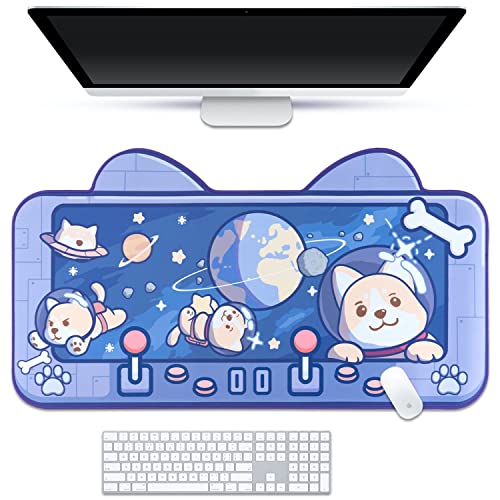BelugaDesign Space Dog Desk Mat | Cute Pastel Blue Astronaut Mouse Pad | Kawaii Shiba Inu Gaming Keyboard Mat | Anime Cartoon Desk Blotter | Large CuteCore Office & Gamer Mousepad Protector