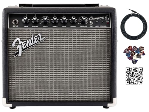 Fender Champion II 25 Watt Guitar Combo Amplifier Bundle with Cable, Austin Bazaar Exclusive 12-Pack Picks, and Instructional Video