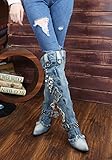 Lorie & Knight Women's Blue/Grey Jeans Knee High Boots Rivet Punk Stiletto Heel Pointed Toe Boots 8.5