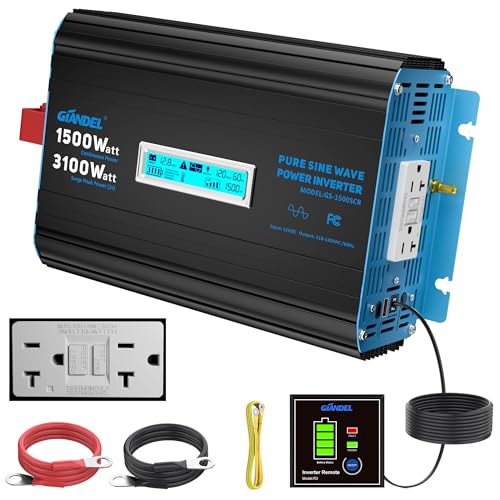 GIANDEL 1500 Watt Pure Sine Wave Power Inverter 12V DC to 120V AC,3100W Surge Peak Power,UL Listed GFCI Outlets,FCC Approved,USB-C36W,Remote with Battery Monitor for RVs,Campers,Off Grid Solar Setup