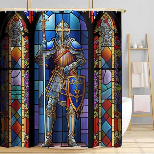 TPMDFC Medieval Shower Curtain, 72x72 inch Polyester, Medieval Knight Stained Glass Bathroom Shower Curtains Decor Set with 12 Hooks YLOKTP0834