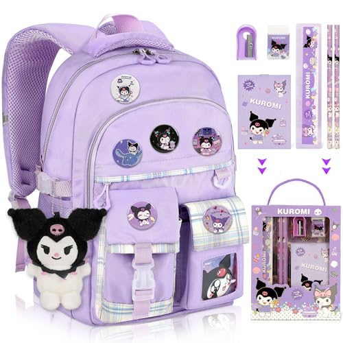 Ensccant Backpack for Girls with Accessories - Anime Schoolbag Cartoon Backpack Laptop Bookbags Anti-Theft Travel Aesthetic New Semester Gifts Bag with Plush Doll, Pins, Stationery - Purple