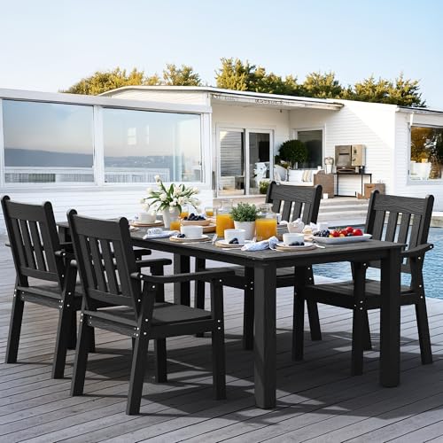 YEFU HIPS Patio Table Set: 5 Piece Outdoor Table and Chairs Dining Furniture Set with Umbrella Hole - Black Modern Plastic Dining Sets 4 Person for Outside Deck with Metal Aluminum Frame