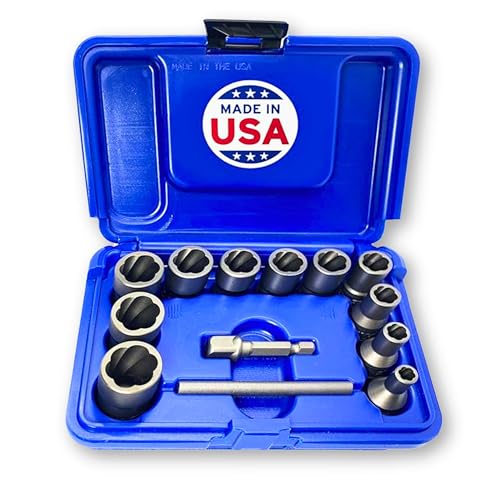 13 Piece Bolt Extractor Set | Made in USA Turbo Sockets for Stripped, Rounded, Frozen Bolts & Nuts | ⅜” Drive Impact Grade Lug Nut & Bolt Remover Kit | Nut Extractor Socket Set