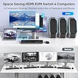 USB3.0 KVM Switch HDMI 4K@60Hz for 4 Computers Share 1 Monitor, KVM Switch 4 Port with 3 USB 3.0 Ports Share Keyboard Mouse, Support Button Switch, Plug and Play