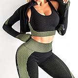 SINBRLAI Women's 3pcs Seamless Workout Outfits Sets, Yoga Sportswear Tracksuit Leggings and Stretch Sports Bra Fitness