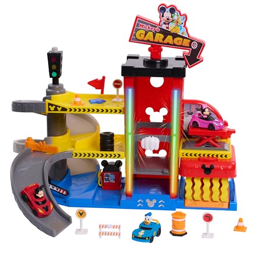 Disney Junior Mickey Mouse Ready to Race Toy Car Garage, Lights and Sounds, 20-piece Vehicle Playset, Includes Bonus Character, Amazon Exclusive, Kids Toys for Ages 3 Up by Just Play