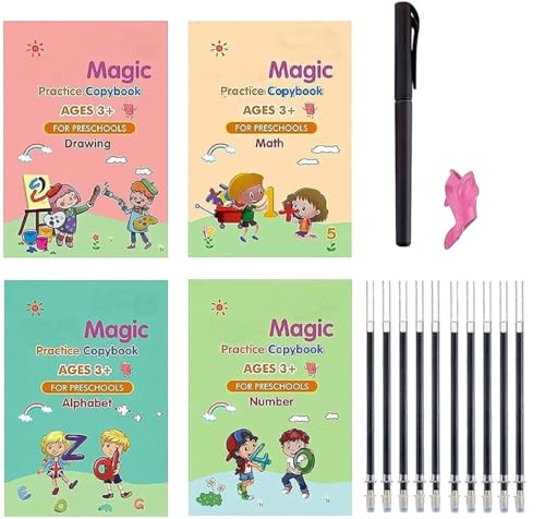 Sank Magic Practice Copybook(4 Book+10 Refill+1 Pen+1 Grip) Number Tracing Book For Preschoolers With Pen,Magic Calligraphy Set Practical Reusable Writing Tool Simple Hand Lettering