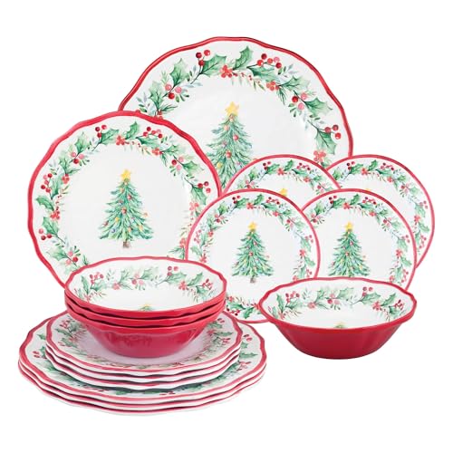 UPware 16 Piece Christmas Tree Melamine Dinnerware Sets, Outdoor Dishes Set, Plates and Bowls Sets, Christmas Decorations, Service for 4, Red