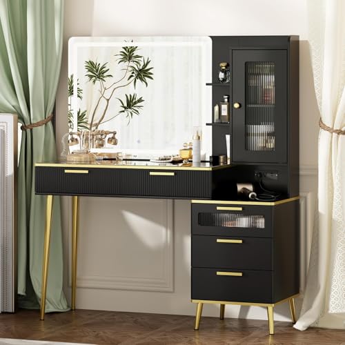 Chrangmay 47.24" Big Modern Vanity Desk with Mirror and Lights,Makeup Vanity Desk with 5 Drawers and Storage Shelves & Power Outlet,Dressing Table with Glass Top, Black