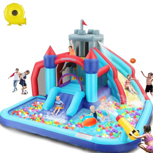 Inflatable Water Slides Park, Inflatable Bounce House Water Slides for Kids - Climbing Wall, 2 Slides, Splash & Trampoline Area – Easy to Set Up & Inflate with 580 W Blower