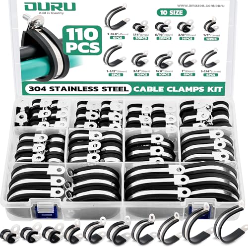 OURU 110PCS Cable Clamps Assortment Kit,10 Sizes—1/4" 5/16" 3/8" 1/2" 5/8" 3/4" 1" 1-1/4" 1-1/2" 1-3/4" Stainless Steel Rubber Coated Cushioned Insulated Cable Clamp,Automotive Wire Pipe Clamps