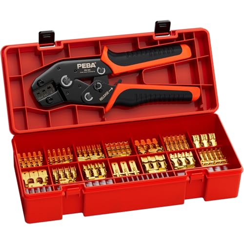 PEBA Spade Terminal Crimping Tool Kit, AWG 24-14 Crimper for Quick Disconnect Male & Female Non-Insulated Terminals 0.110"-0.250", 14 Types Spade Connector Kit - Speaker Terminals Crimping Tool