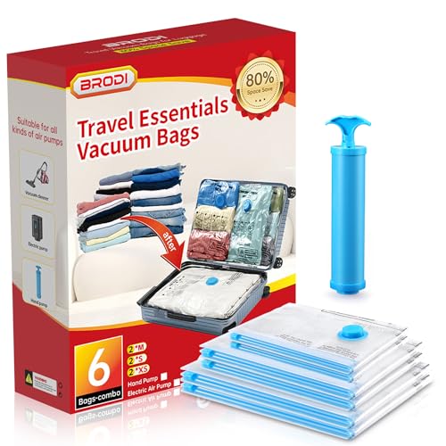 Travel Vacuum Bags with Pump - Compression Bags for Travel,Vacuum Storage Bags for Space Saver & Travel Essentials,Vacuum Seal Bags for Clothing,Travel Vacuum Bags for Luggage(6 Combo Pack)