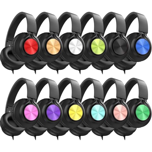 AILIHEN Headphones Wired 12-Pack Bulk for School Students Kids K-12 Classroom，Adjustable, Foldable, Over-Ear Headsets with Microphone HD Stereo Sound 3.5mm Jack for Chromebook, Laptop (Multicolor)