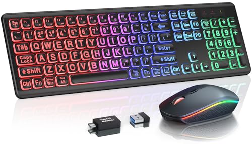 Wireless Keyboard and Mouse Combo - Large Print, RGB Backlit, Oversize Light Up Letters, Rechargeable, Ergonomic Tilt Leg, Sleep Mode, 2.4GHz Quiet Keyboard Mouse for Mac, Windows, Laptop, PC, Trueque